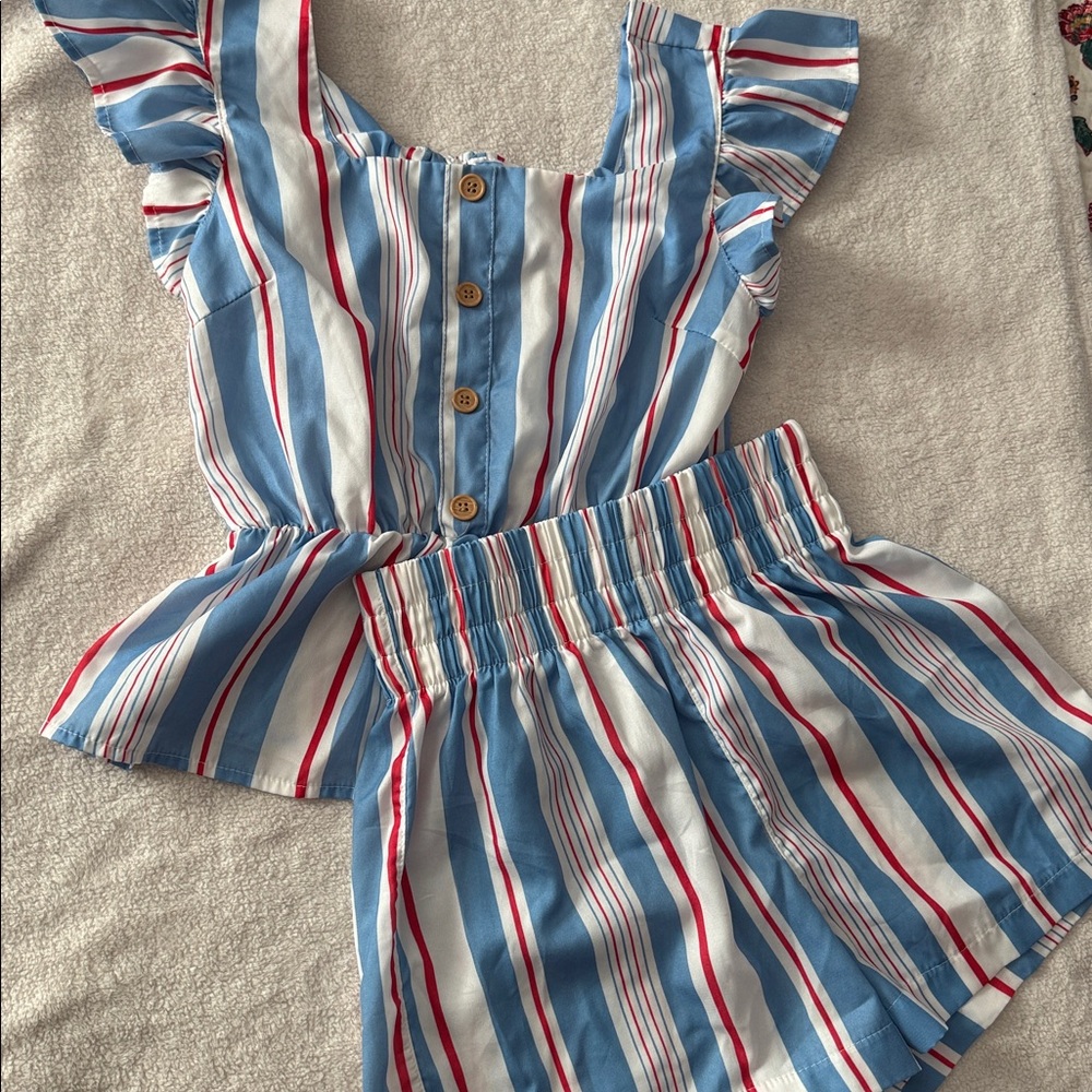 GIRLS Striped Blue and Red Button-Up Top and Shorts Set